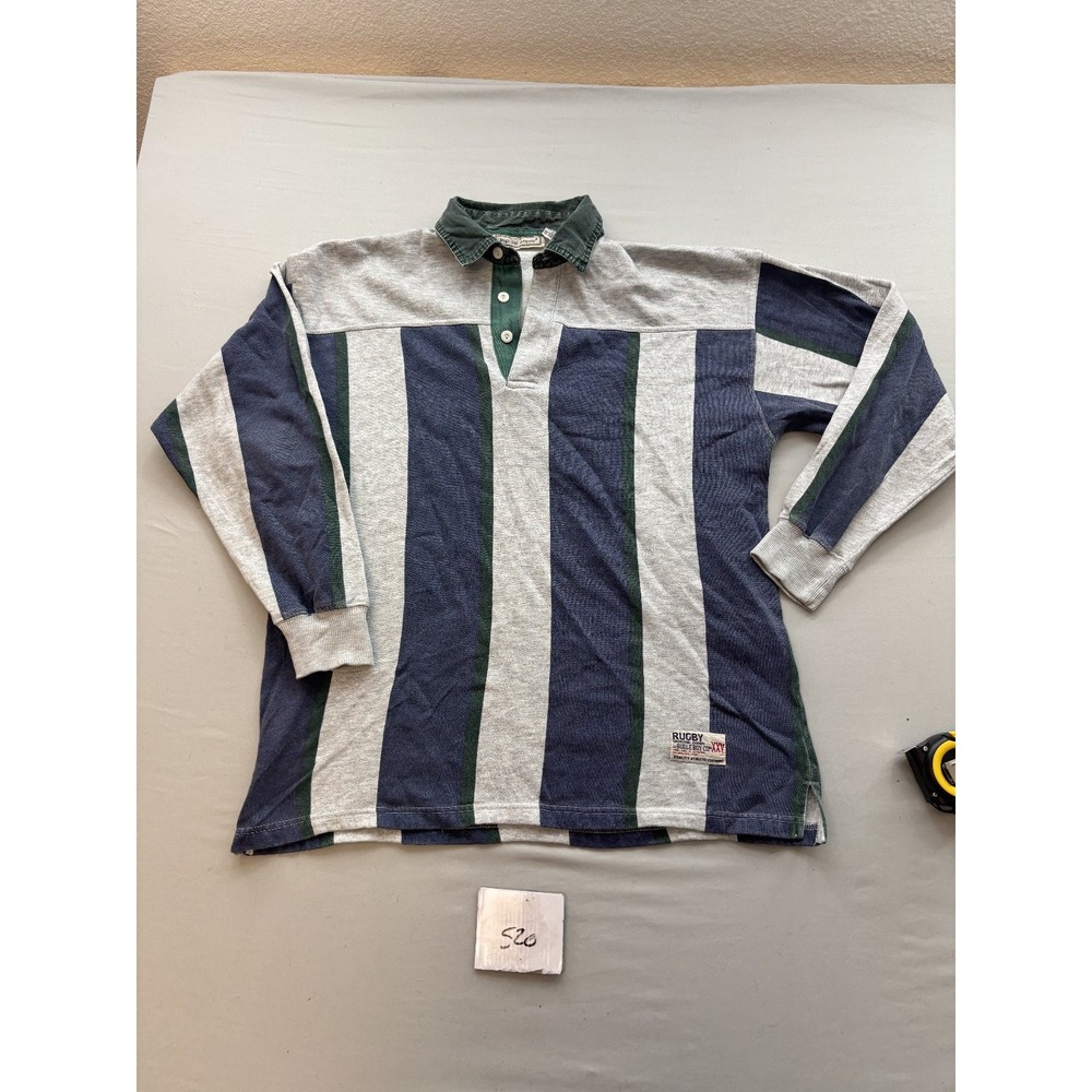 Bugle Boy Company Mens M Vintage Long Sleeve Rugby Polo Shirt Striped Gray Blue
